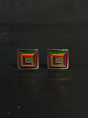 Sterling Silver Multicolor Enamel Mosaic Cuff Links